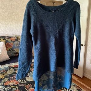 Knitted & Knotted Anthropologie Senni Teal Mixed Media Wool Alpaca Sweater